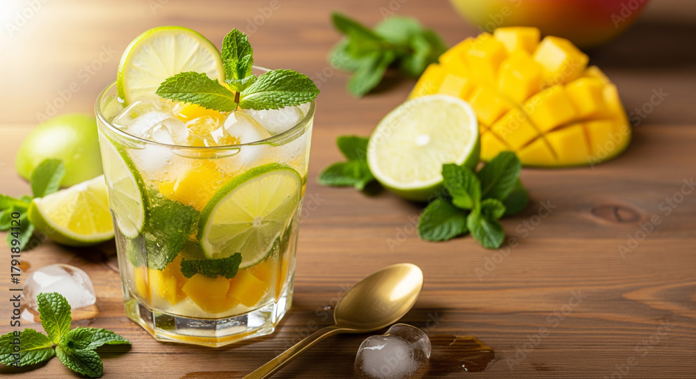 Fototapeta premium A vibrant, refreshing mango and lime mojito-style drink with mint and ice on a wooden table
