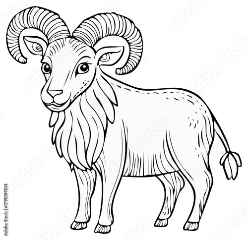 Cartoon drawing of ram with large curly horns, standing side view