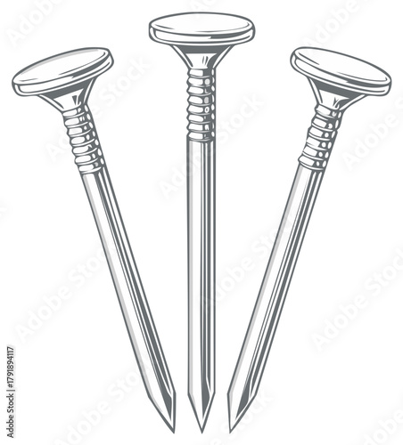 Three shiny metallic construction nails with flat heads in a vintage illustration style