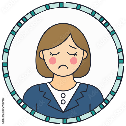 Cartoon woman with sad expression inside a decorative circular frame