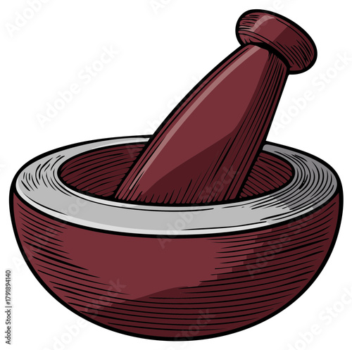 Traditional mortar and pestle illustration for crushing and grinding spices, herbs, or ingredients