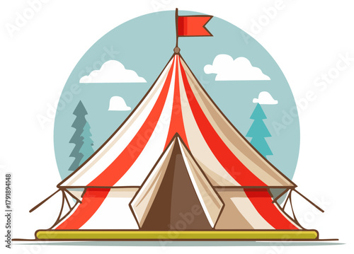 Classic Red White Striped Circus Tent Big Top with Flag Outdoor Event Illustration