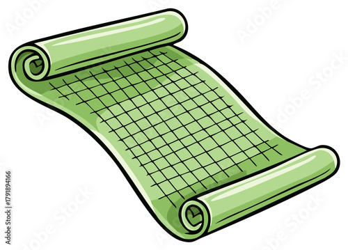Unrolled green scroll with a grid pattern for a map or blueprint cartoon illustration