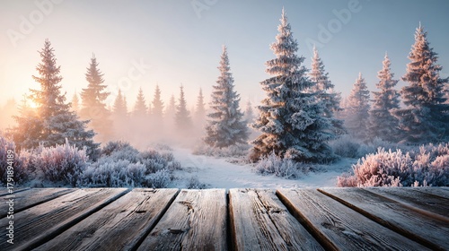 Winter wonderland scene with snow covered trees and a wooden deck foreground, winter blurred background