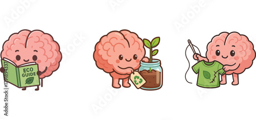 cute brain character recycling glass and metal waste