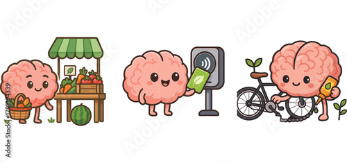 cute brain character using eco transport and visiting green market