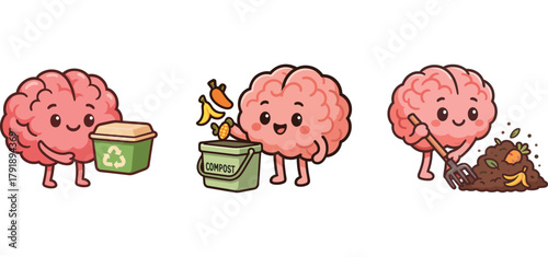 cute brain character composting waste and growing mushrooms