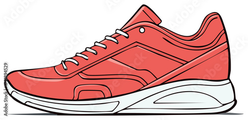 Stylish coral red sports shoe with white laces and sole isolated on white