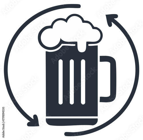 Beer mug with foam inside a circle with directional arrows indicating refill concept