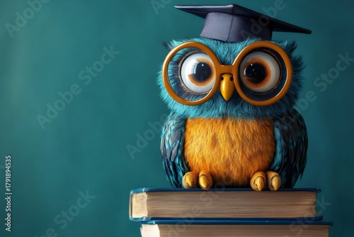 Cute cartoon owl wearing graduation cap and glasses on books
