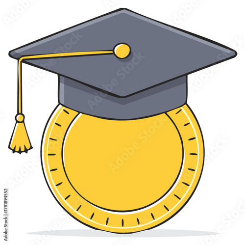 Graduation Mortarboard Cap on Gold Coin Symbolizes Education Investment and Student Savings Cartoon