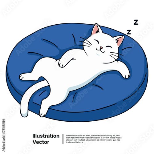 Adorable white feline dreaming sweetly on a plush blue bean bag, embodying ultimate relaxation and cozy comfort