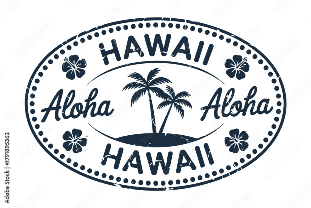 Fototapeta premium Vintage hawaii aloha stamp with palm trees and hibiscus flowers
