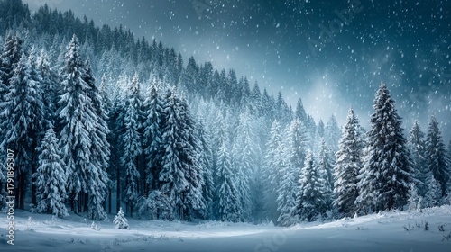 Snow falling gently over a serene winter forest landscape with snow covered trees, winter blurred snowfall background
