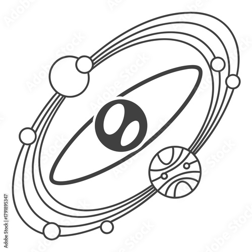 Stylish orbit logo made of one small circle rotating around an abstract ‘O’ letter, clean thin-line vector representing innovation, technology, and motion.
