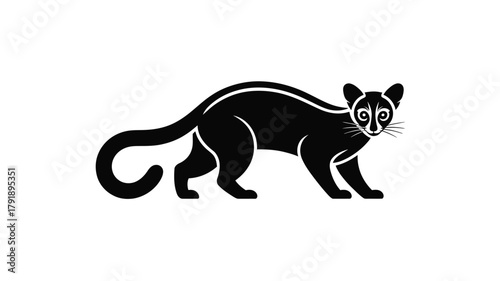 A stylized illustration of a black civet cat standing against a white background.
