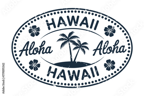 Vintage hawaii aloha stamp with palm trees and hibiscus flowers