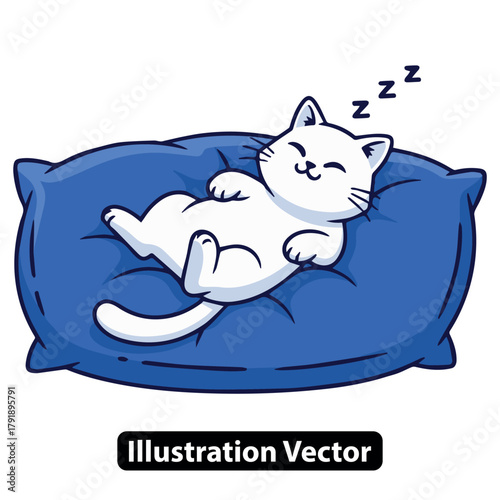 Cute white cat sleeping peacefully on a large blue pillow, adorable pet illustration
