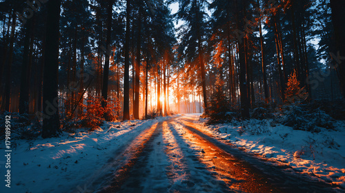 Winter forest road with snow and sunlight shining through tall trees