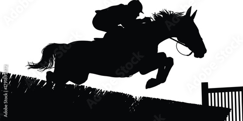 Silhouette of a jockey riding a horse over a jump in a competition.
