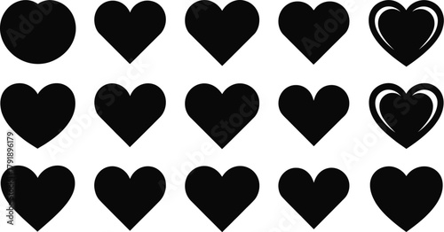 A grid of fifteen black heart shapes of varying styles against a white background.