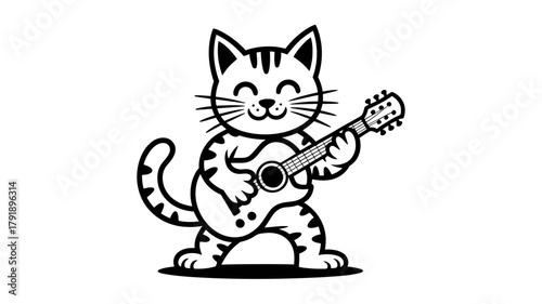 A cartoon cat plays a guitar with its eyes closed and a happy expression.