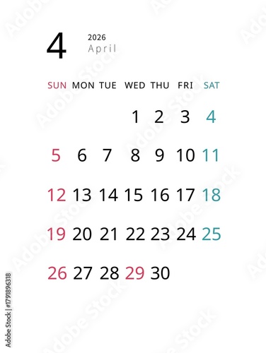 Simple April 2026 Calendar, Vertical
