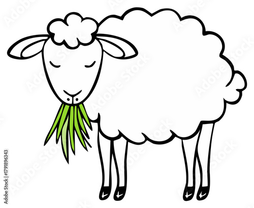 Minimalist line art illustration of a fluffy sheep grazing on vibrant green grass a cute farm animal design