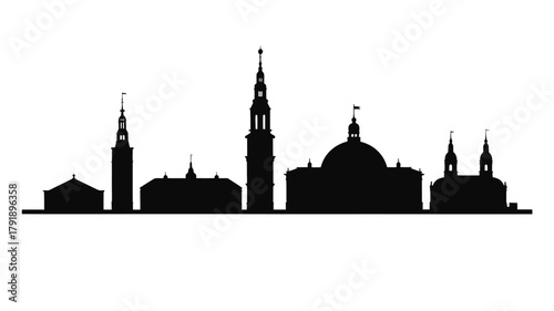 The silhouette of a city skyline with various architectural structures.