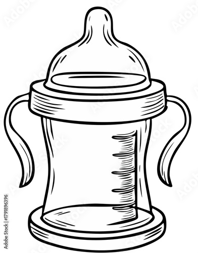 Illustrated Baby Bottle with Handles, Nipple, Measurement Markings and Clean Outline