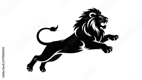A silhouette of a roaring lion in mid-leap against a white background.