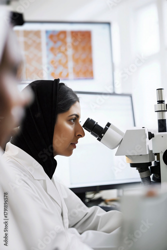 A focused veiled muslim scientist examines samples through a microscope in a bright laboratory. healthcare and medical research. Generative AI.
