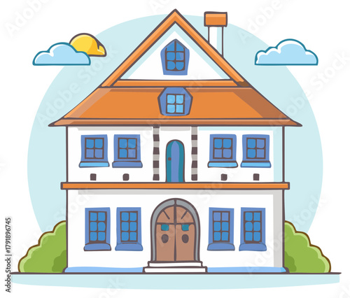 Cute cartoon illustration of a two story house with an orange roof and chimney on a sunny day