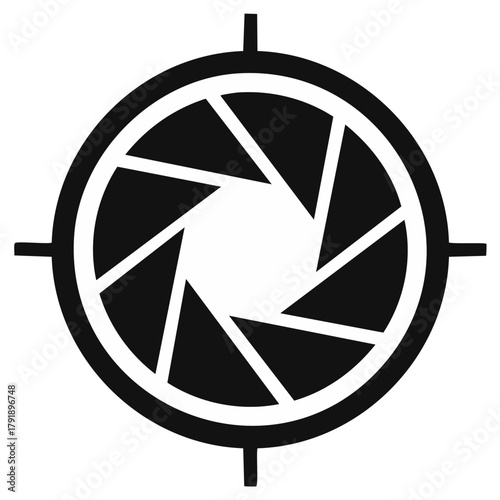 Camera lens shutter icon with target crosshairs for photography and focus symbol