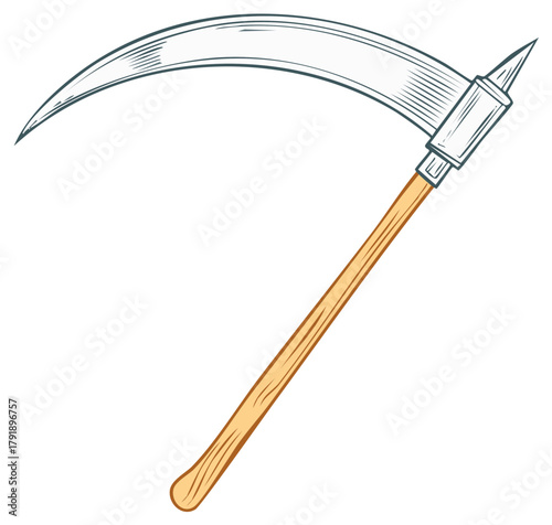 Detailed Scythe Illustration in Vintage Style with Wood and Metal