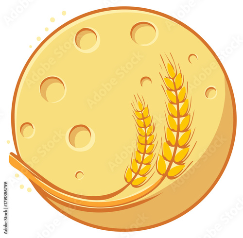 Golden round flatbread with wheat stalks illustration representing bakery food and healthy whole grains