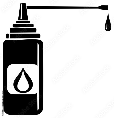 Stylized black icon of a dispensing bottle with applicator and a single falling liquid drop