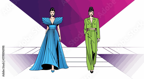 Fashion show illustration featuring two models in stylish dresses vector design for fashion and style presentations