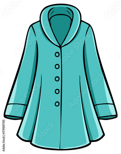 Bright teal overcoat fashion apparel casual wear garment with large collar and button closure flat vector illustration