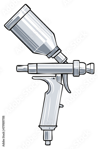 Illustration of a silver paint sprayer tool for automotive or industrial applications or DIY projects, side view, airbrush instrument