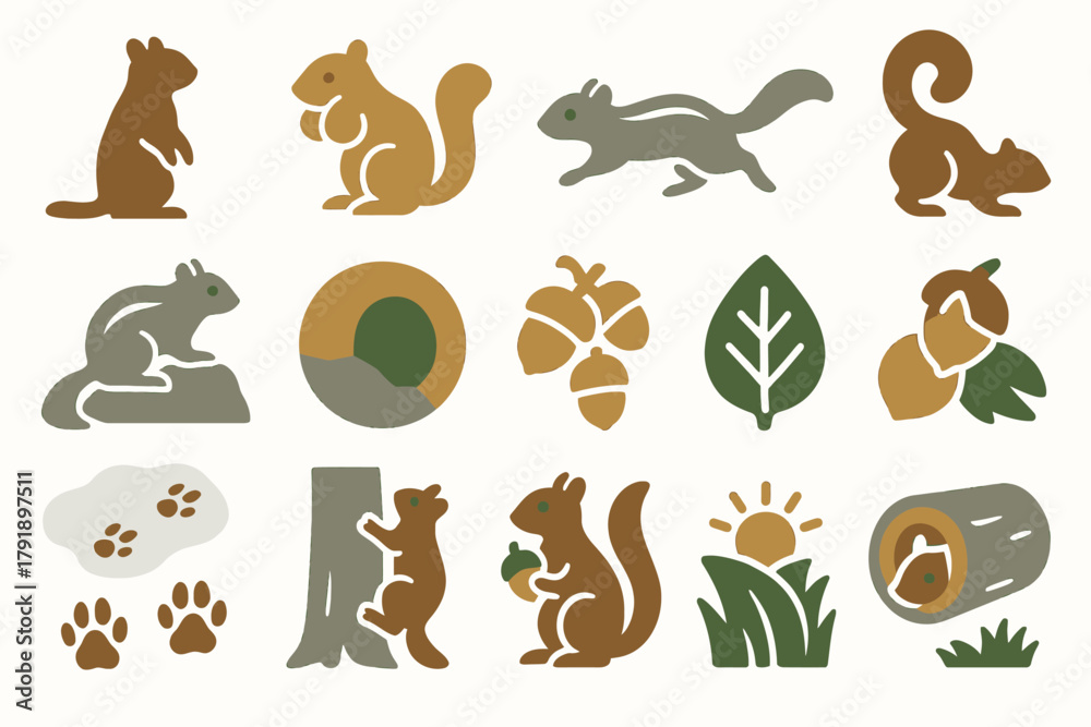 Obraz premium Least Chipmunk Wildlife Icon Set with Tracks and Nature Symbols