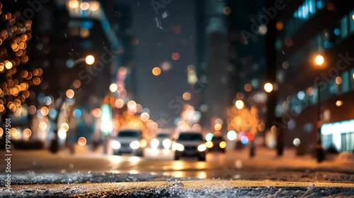 Winter Glow: Snowfall Over City Lights in Soft Bokeh