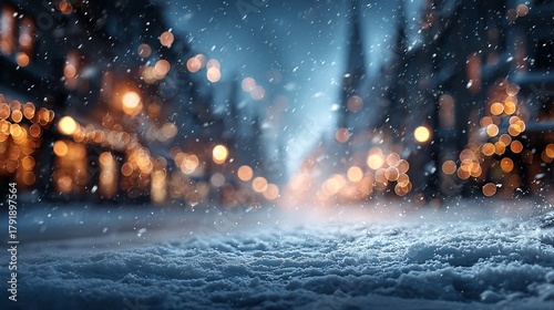 Snowy street scene with blurred lights creating a magical winter atmosphere, winter blurred background