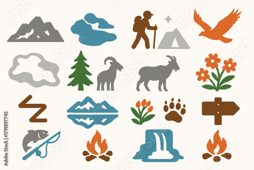 Alpine Lakes Wilderness Adventure Icon Set with Wildlife and Nature Symbols