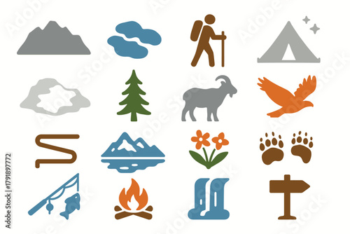 Alpine Lakes Wilderness Adventure Icon Set with Wildlife and Nature Symbols
