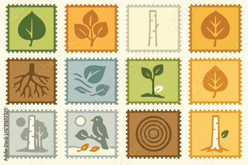 Aspen Tree Nature Stamp Icon Set with Leaves, Roots, and Growth