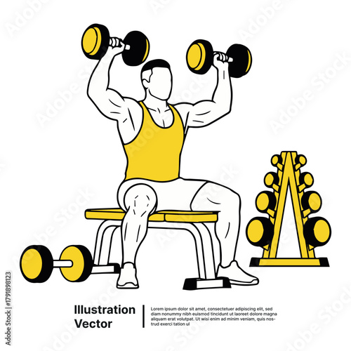 Man doing overhead press exercise with dumbbells while sitting on a bench in a gym