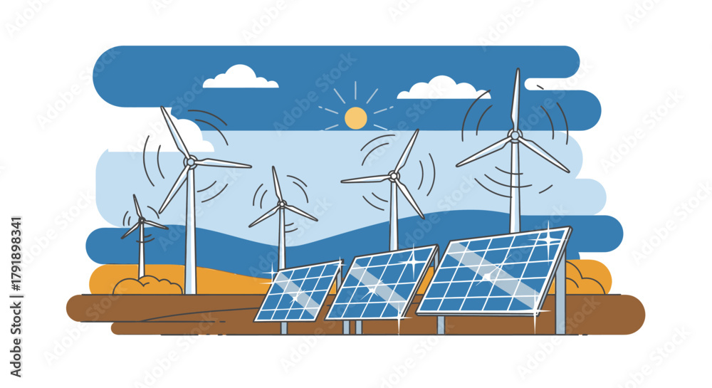 Fototapeta premium Wind turbines and solar panels in a flat design illustration showcasing renewable energy sources for sustainable power generation isolated on white background