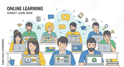 Diverse group of students in online learning using laptops and tablets vector illustration for education and e-learning concepts