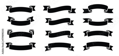 Ribbon collection of black glyph tape icons, vintage outline style, decorative banners and text ribbons, isolated vector illustration for web and print projects.